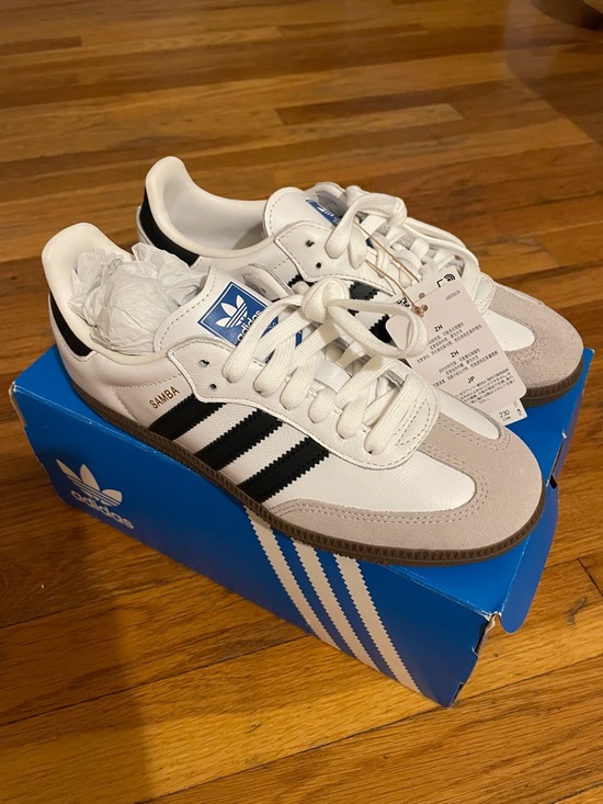 adidas Shoes - adidas Samba White with Black Stripes and Gray Suede